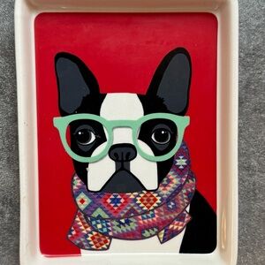Boston Terrier Decorative Ceramic Tray with Glasses and Scarf Design by Magenta